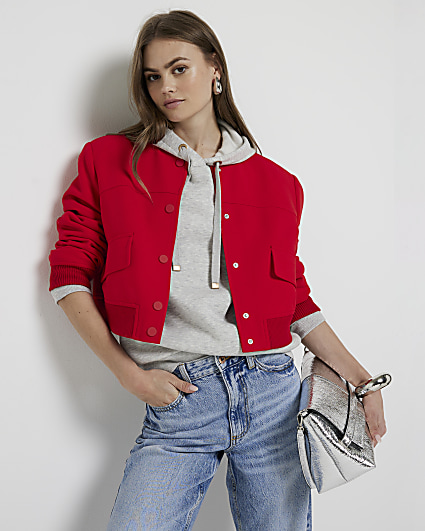 Red tailored crop bomber jacket