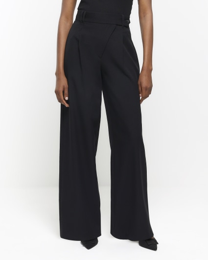Black asymmetric waist wide leg trousers