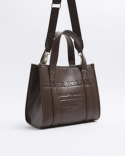 Brown embossed cross body tote bag