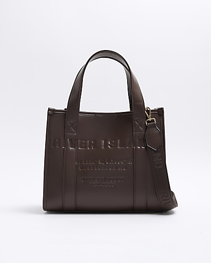 Brown embossed cross body tote bag