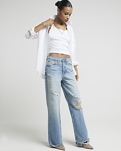 Blue mid rise ripped wide leg jeans