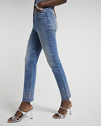 Blue high waisted broderie slim jeans