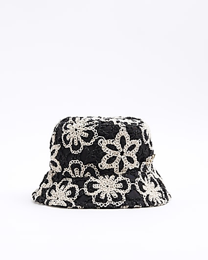 Black crochet floral bucket hat