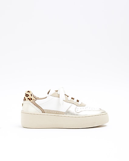 Gold panel leather animal print trainers