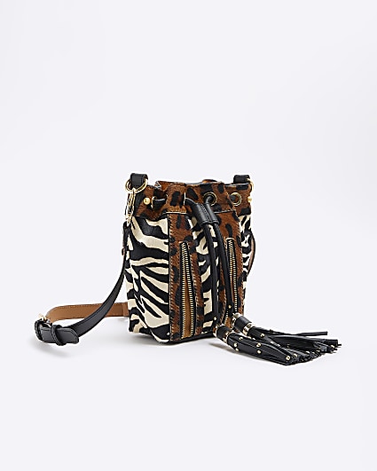 Brown leather animal print cross body bag