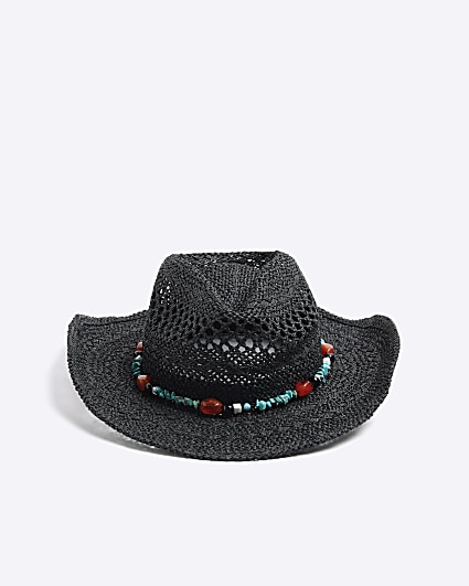 Black Straw Beaded Cowboy Hat