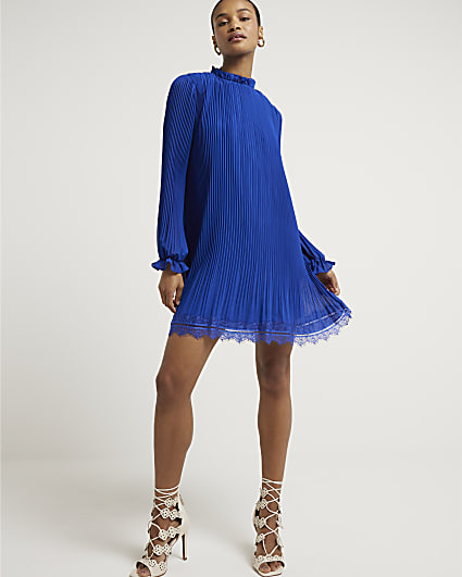 Blue plisse lace hem shift mini dress