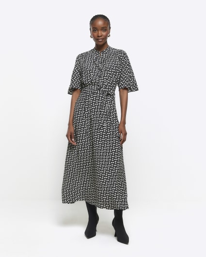 Black geometric belted midi shirt dress