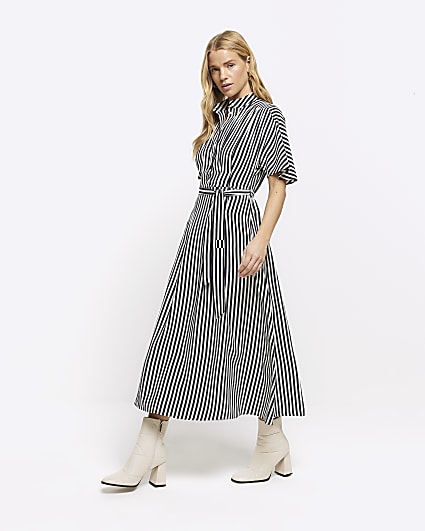 Navy stripe belted midi shirt dress