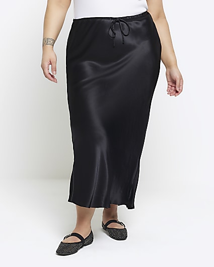 Plus black tie waist midi skirt