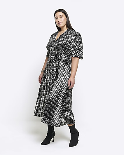 Plus black geometric belted midi shirt dress