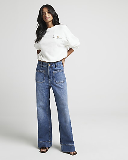 Petite blue high waisted wide flared jeans