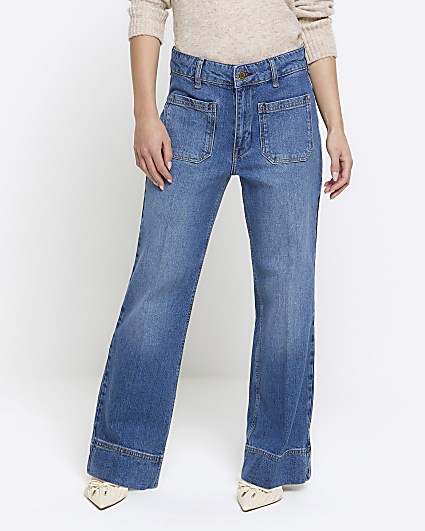 Blue high waisted flare wide fit jeans
