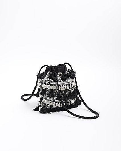Black embellished coin shoulder bag