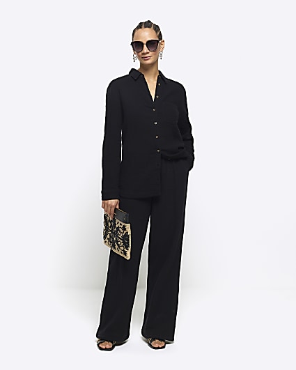 Black textured wide leg trousers