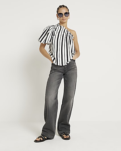 Black linen blend stripe one shoulder top