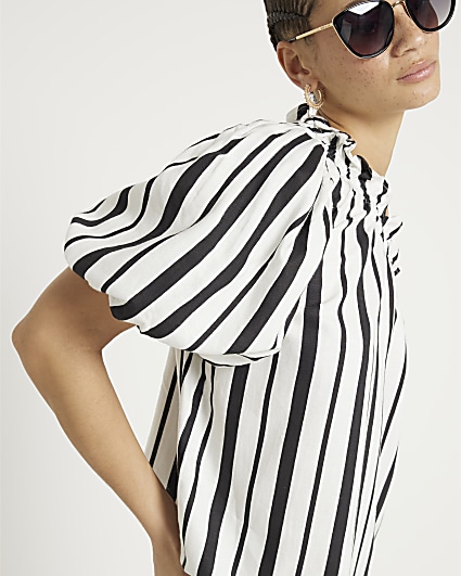 Black linen blend stripe one shoulder top