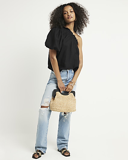 Black linen blend one shoulder top