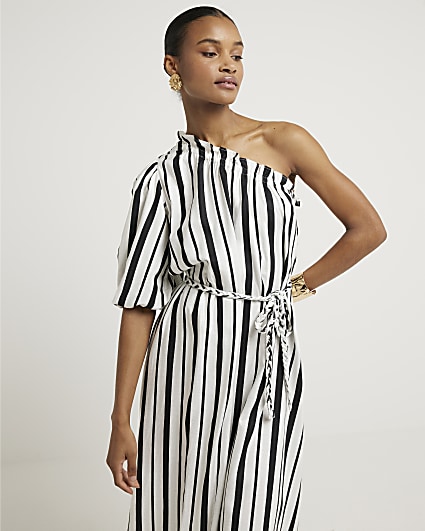 Black linen blend stripe shift midi dress