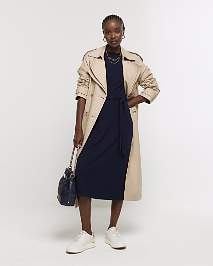 Navy tie waist sweatshirt midi dress