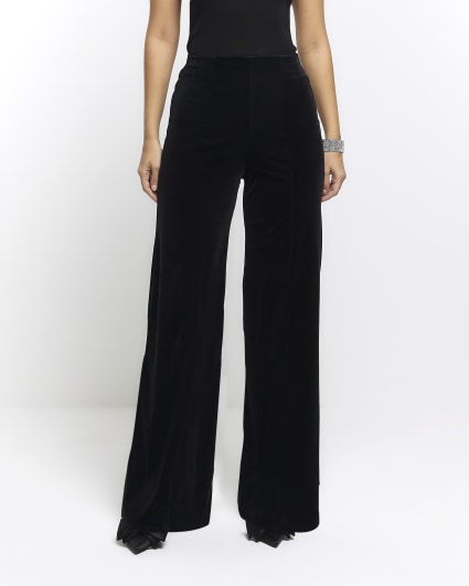 Black velvet wide leg trousers