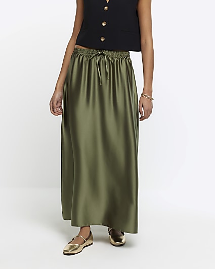 Khaki Satin Tie Waist Maxi Skirt