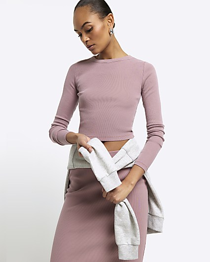 Pink Long Sleeve ribbed Cropped Top