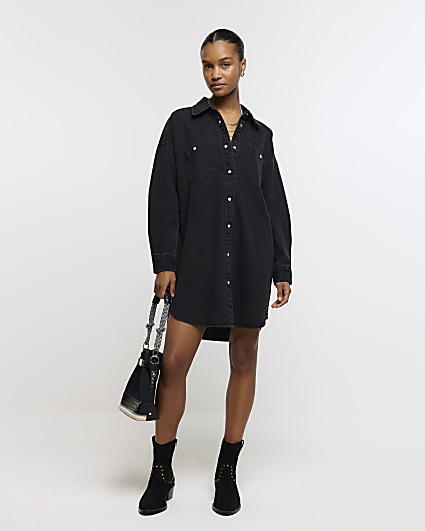 Black denim oversized mini shirt dress