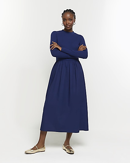 Navy rib long sleeve smock midi dress