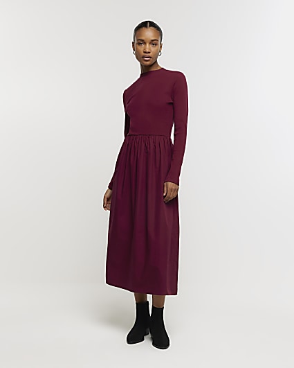 Red rib long sleeve smock midi dress