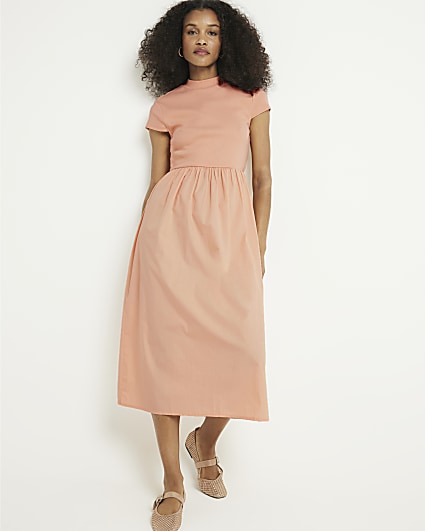 Pink rib short sleeve smock midi dress