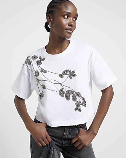 Beige floral embellished t-shirt