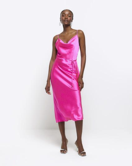 Pink satin cowl neck slip midi dress