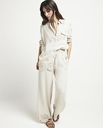 Stone linen blend broderie trousers