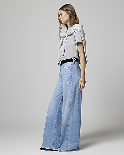 Blue mid rise baggy wide leg jeans