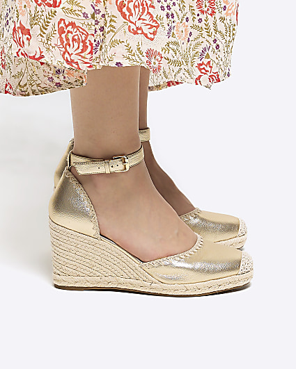 Gold wide fit stitch wedge espadrille sandals