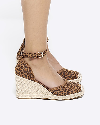 Brown leopard print espadrille wedge sandals