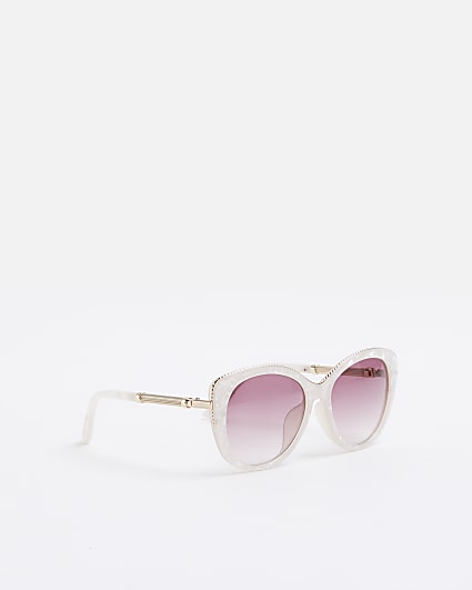 White trim detail round cat eye sunglasses