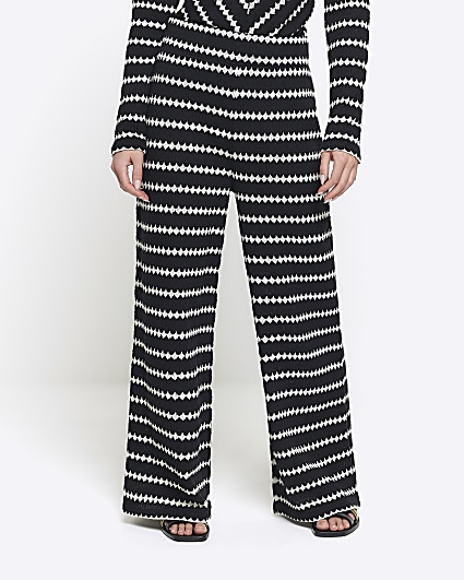 Petite black crochet stripe wide leg trousers