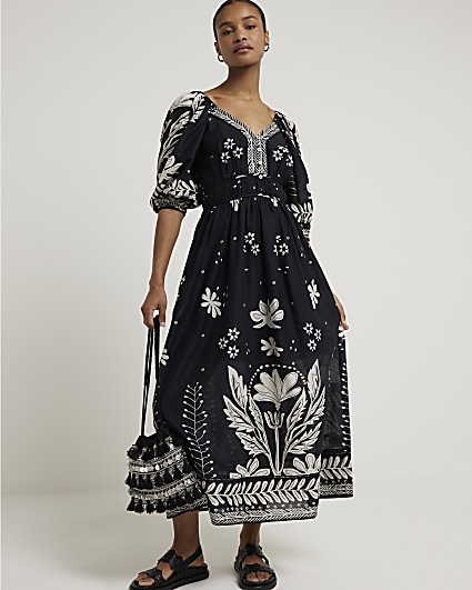 Black floral puff sleeve swing maxi dress