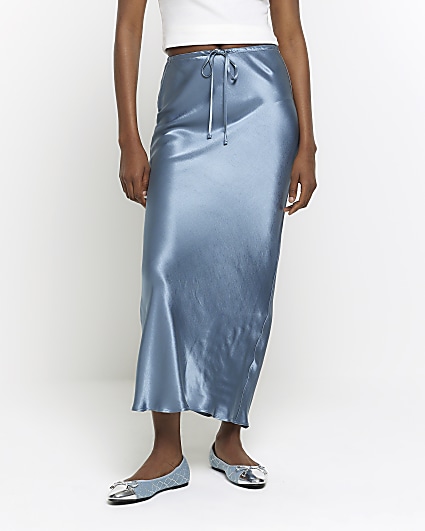 Blue satin tie waist midi skirt