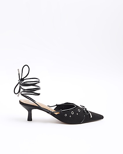 Black eyelets lace up heeled court shoes