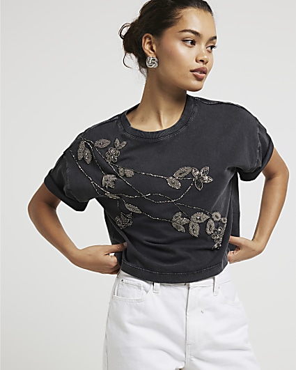 Petite grey floral embellished t-shirt