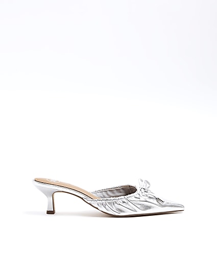 Silver ruched bow heeled court shoes