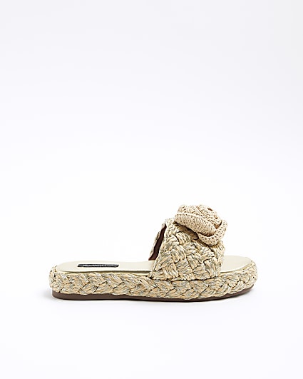 Gold Crochet Flower Flatform Sandals