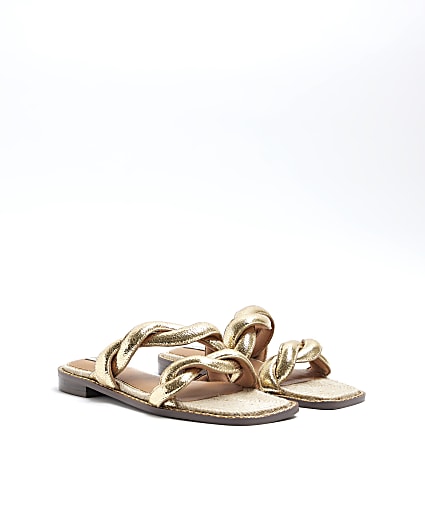 Gold Twisted Strap Mule Sandals