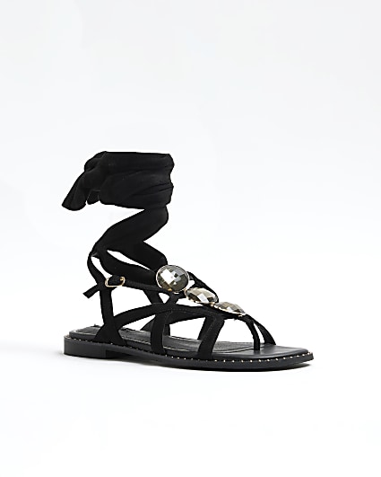 Black embellished tie up sandals