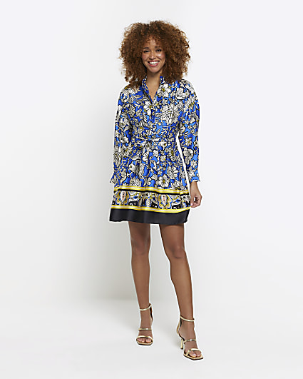 Blue floral belted mini shirt dress