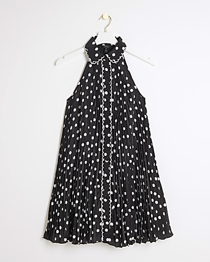 Black pleated spot shirt mini dress
