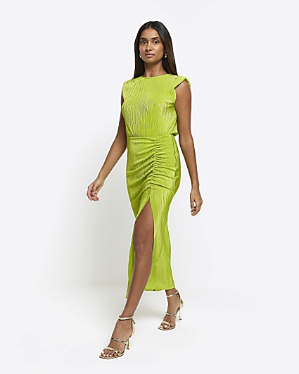 Lime green plisse ruched bodycon midi dress